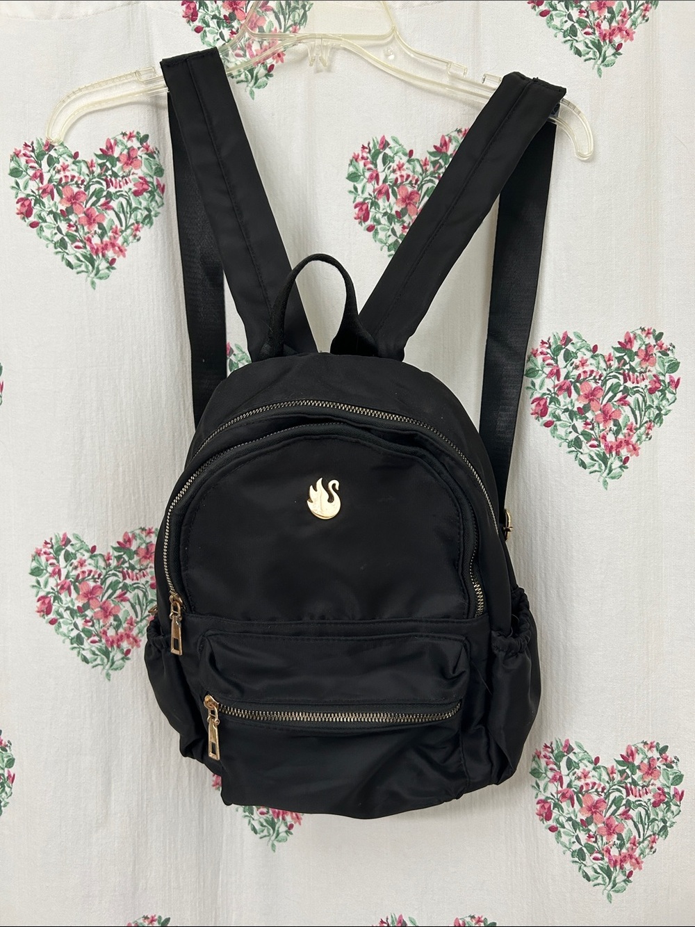 Stone Mountain Accessories Black Nylon mini Backpack with Gold Swan Logo